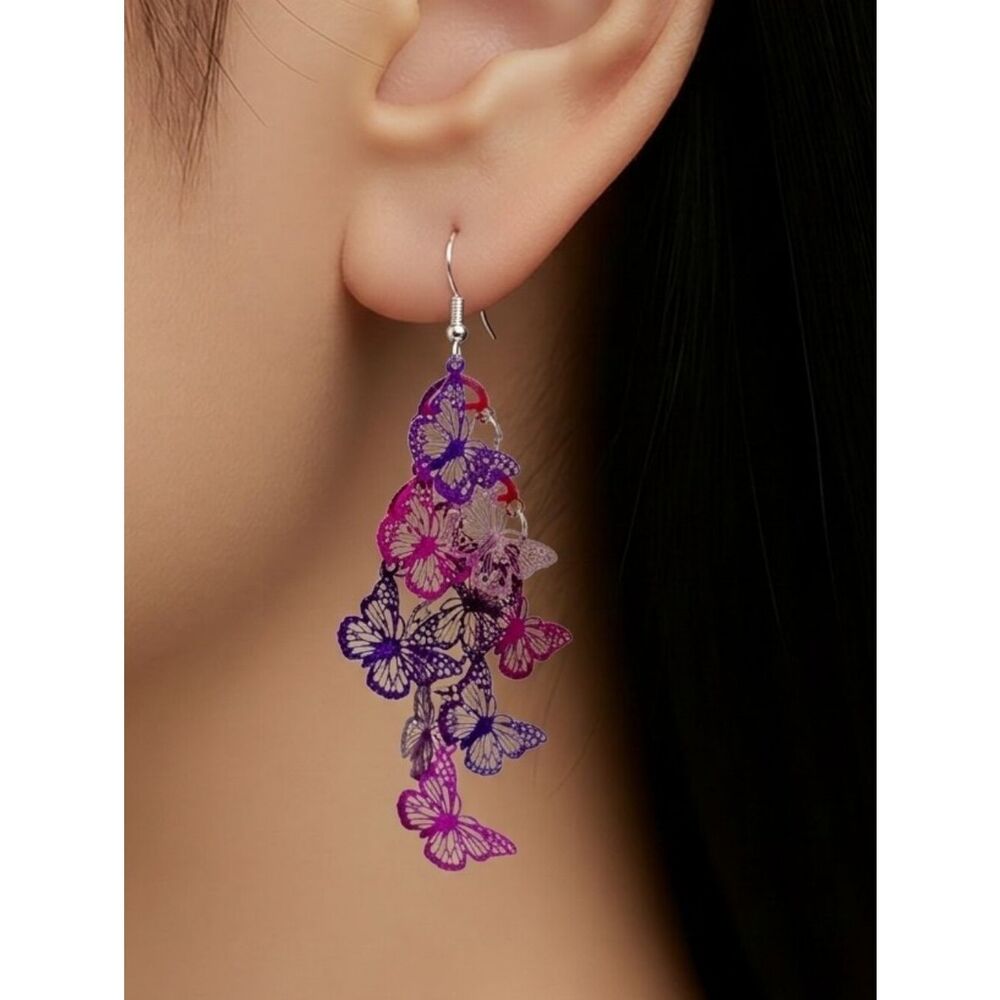 Butterfly Cascade Dangle Earrings Pink Purple Layered Wings Fairy Garden Chic